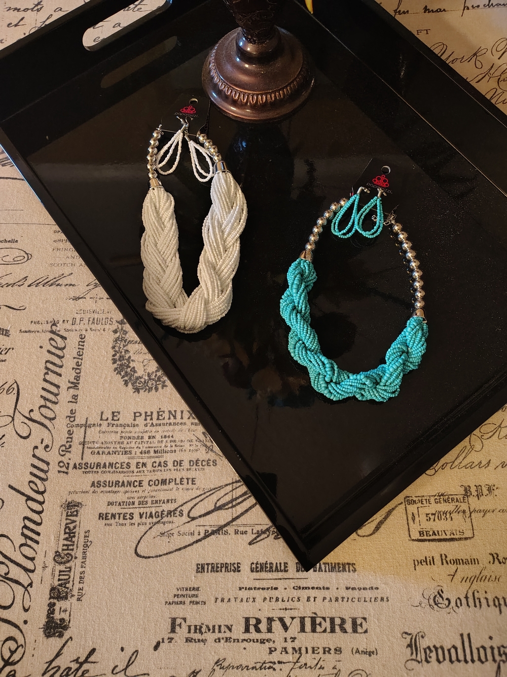 Paparazzi Braided Bead Necklace Sets - White & Turquoise
